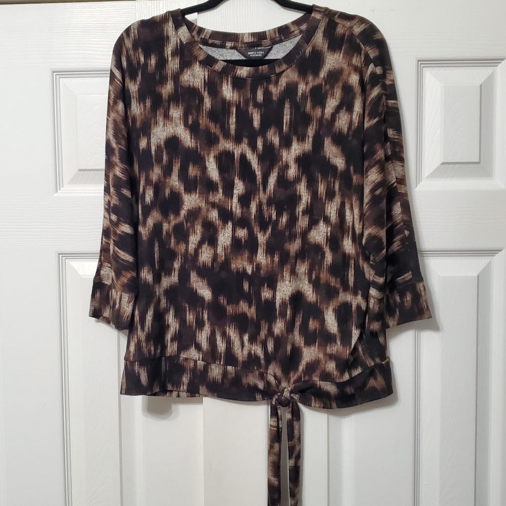 Simply Vera leopard print black and brown pullover 3/4 sleeves tie at hem Large